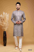 Raivat Ethnic Art Silk Digital Print Pintux Work Kurta Pajama In Grey Colour