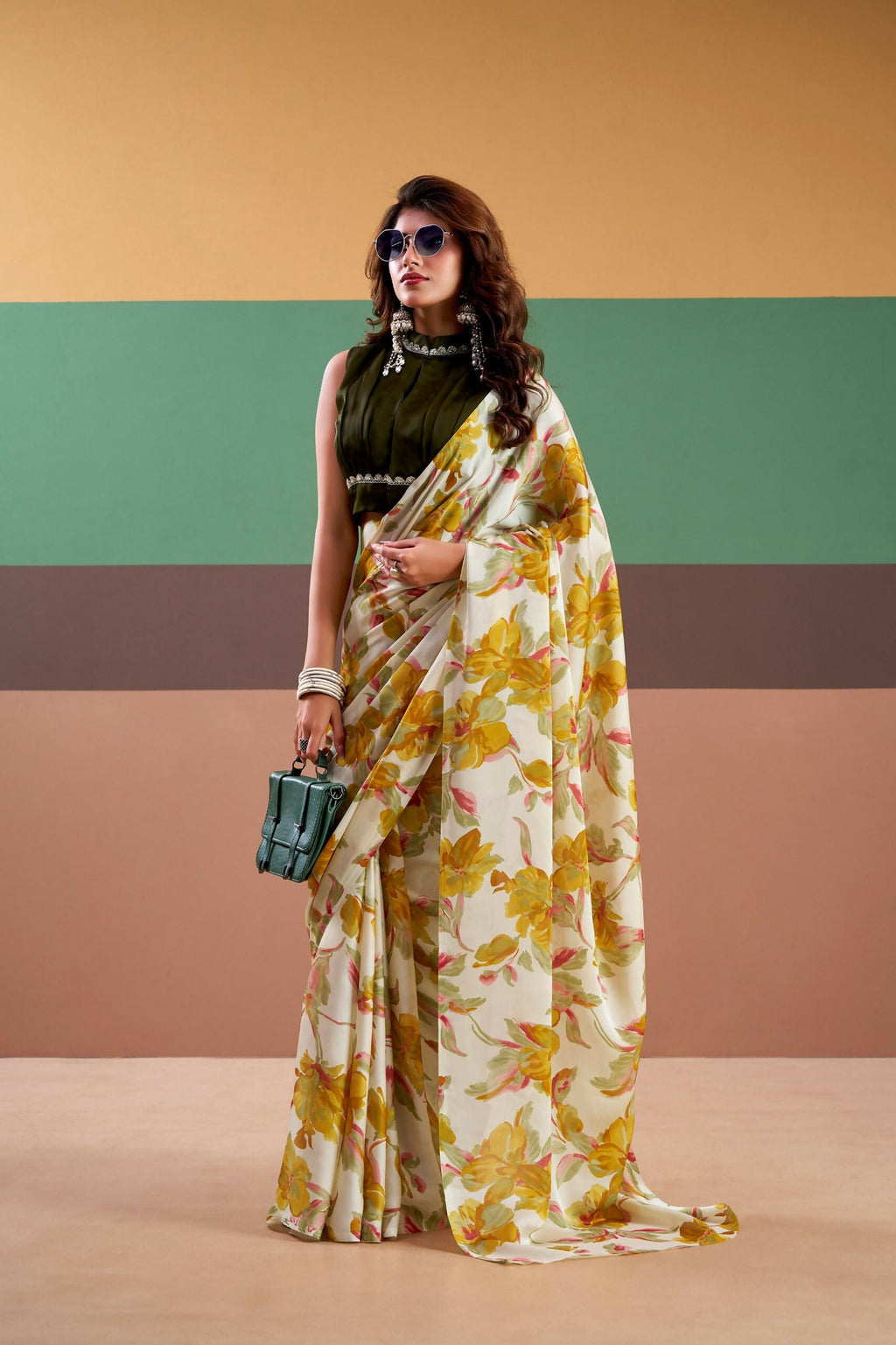 Vastranavya Yellow Satin Silk Floral Printed Saree with Stitched Blouse - Distacart