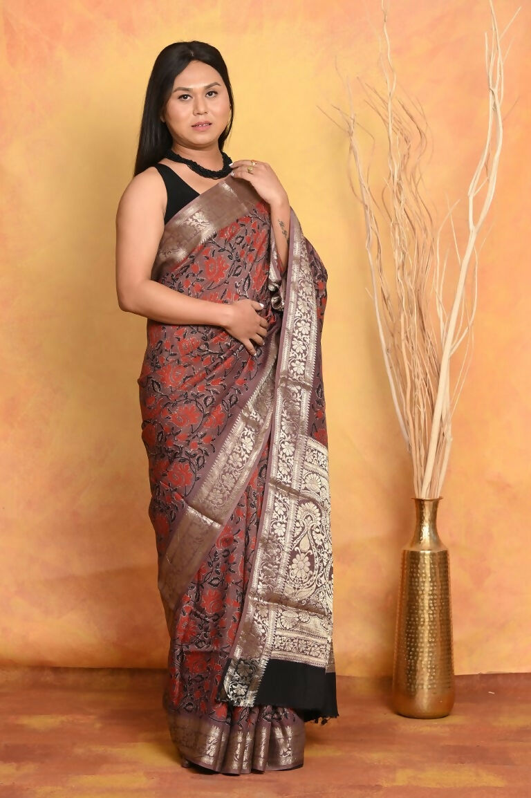 Very Much Indian Modal Silk Ajrakh Handblock Printed Natural Dyes With Designer Border Saree - Maroon