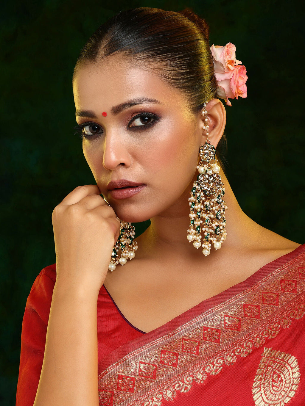 Ruby Raang 22k Gold Polished Kundan Chand Earrings With Ear Chains - Distacart