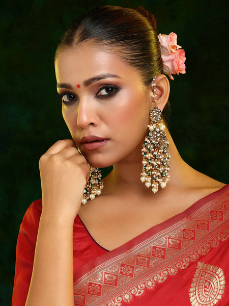Ruby Raang 22k Gold Polished Kundan Chand Earrings With Ear Chains