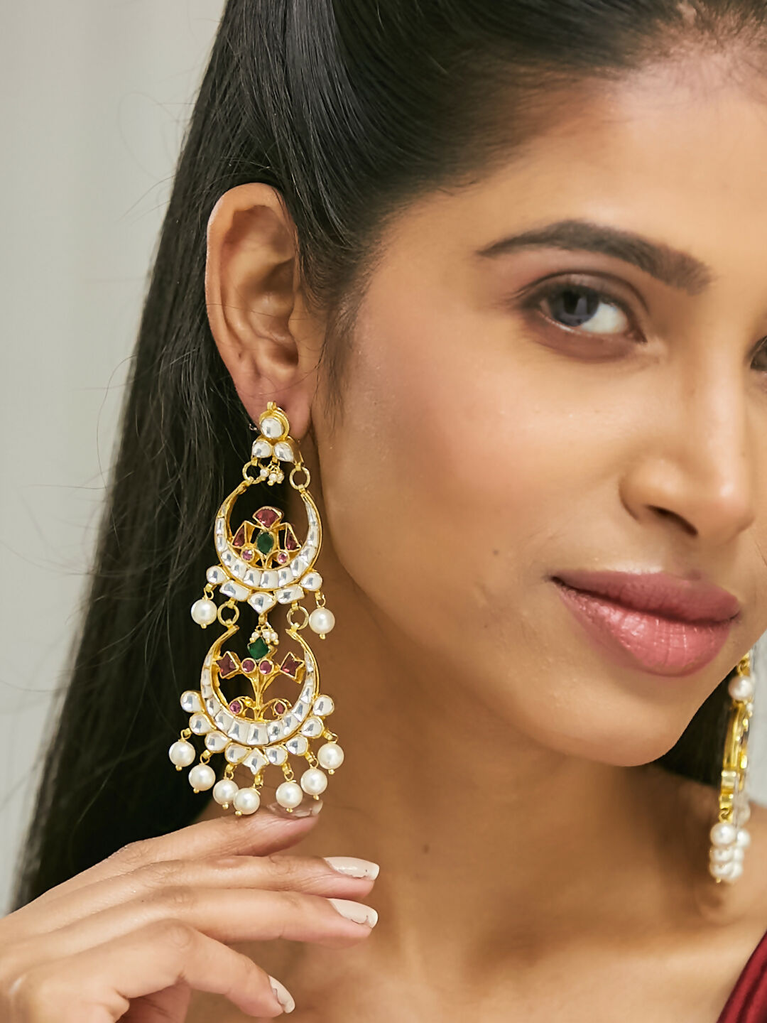 Nuyug 22K Gold-Plated Kundan Studded & Pearl Beaded Layered Chandbalis - Distacart