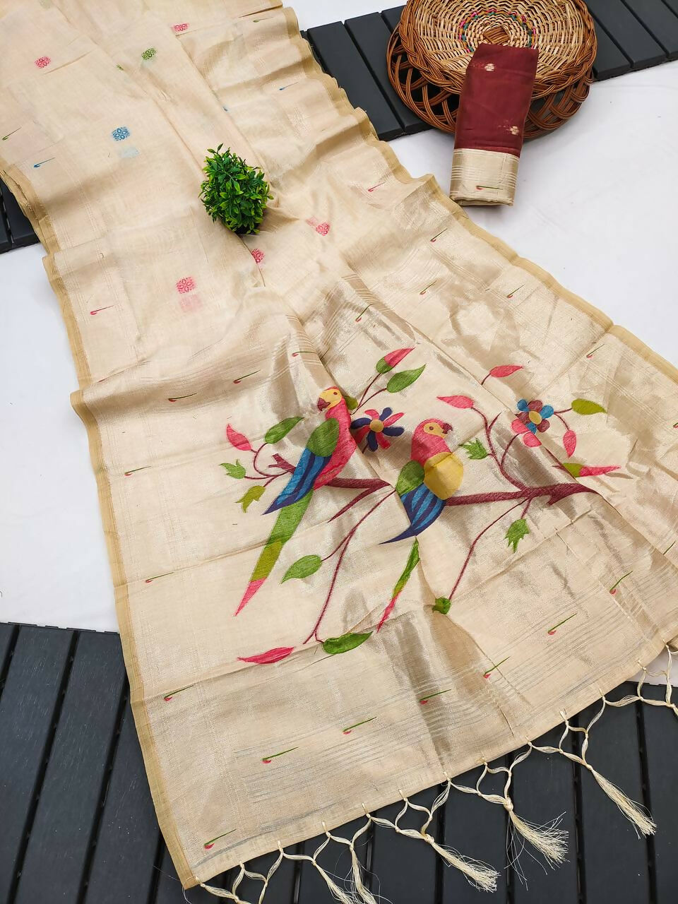 Vastranavya Cream Muga Cotton Meenakari & Munia Weaving Pallu Saree with Contrast Blouse - Distacart