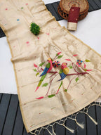 Vastranavya Cream Muga Cotton Meenakari & Munia Weaving Pallu Saree with Contrast Blouse - Distacart
