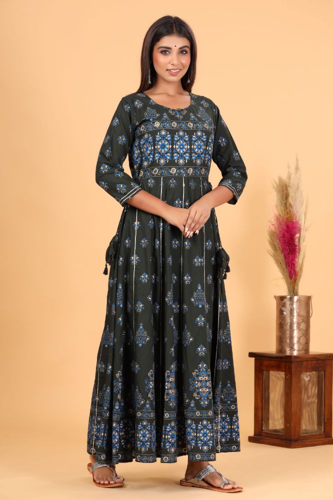 Kaajh Women's Green Gold Print Embellishment Anarkali Kurta - Distacart