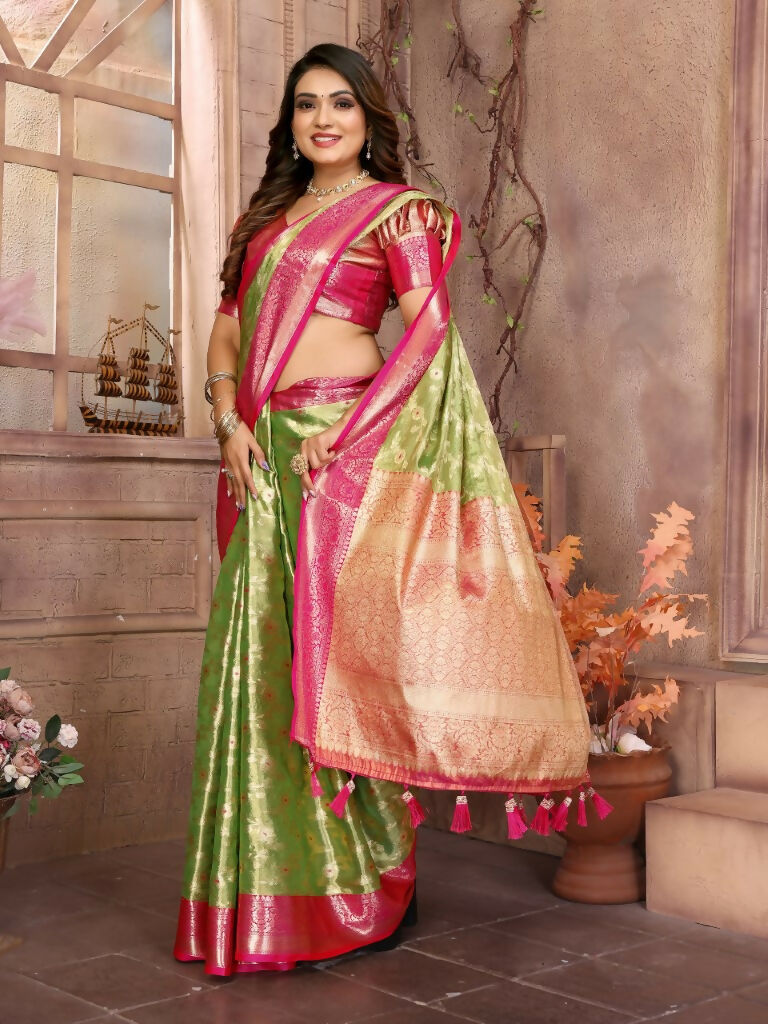 Anaita Light Green Tissue Silk With Zari Weaving Saree With Blouse
