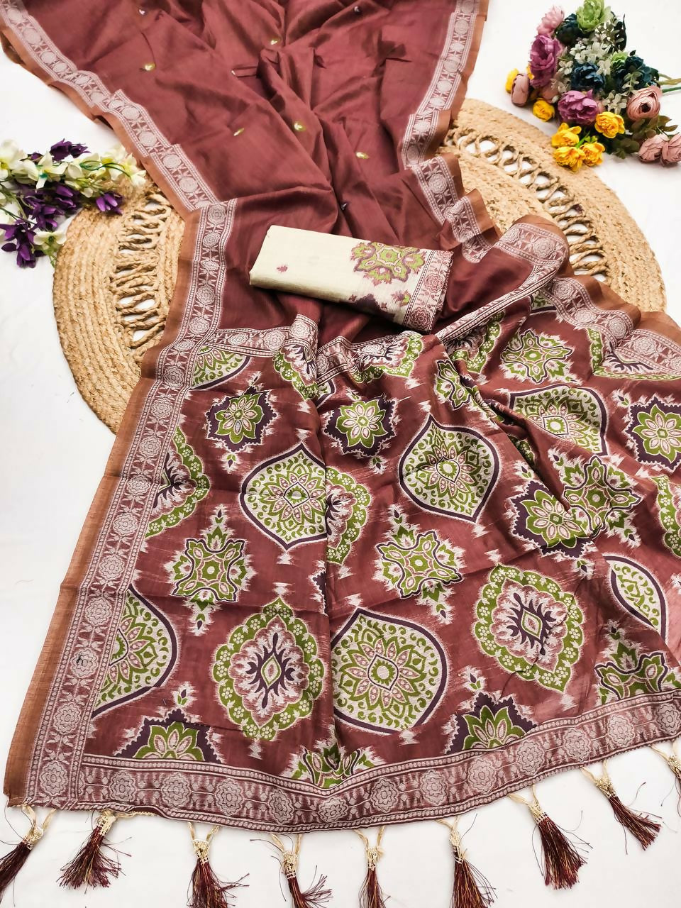 Vastranavya Maroon Muga Cotton Meenakari & Azarakh Pallu Saree with Contrast Blouse - Distacart