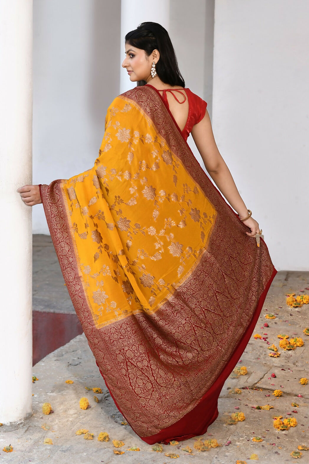 Joban Fashion Yellow Crepe Chiffon Pure Handloom Banarasi Silk Saree