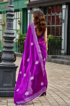 Vastranavya Purple Embroidery Work Shimmer Chiffon Saree with Unstitched Blouse - Distacart