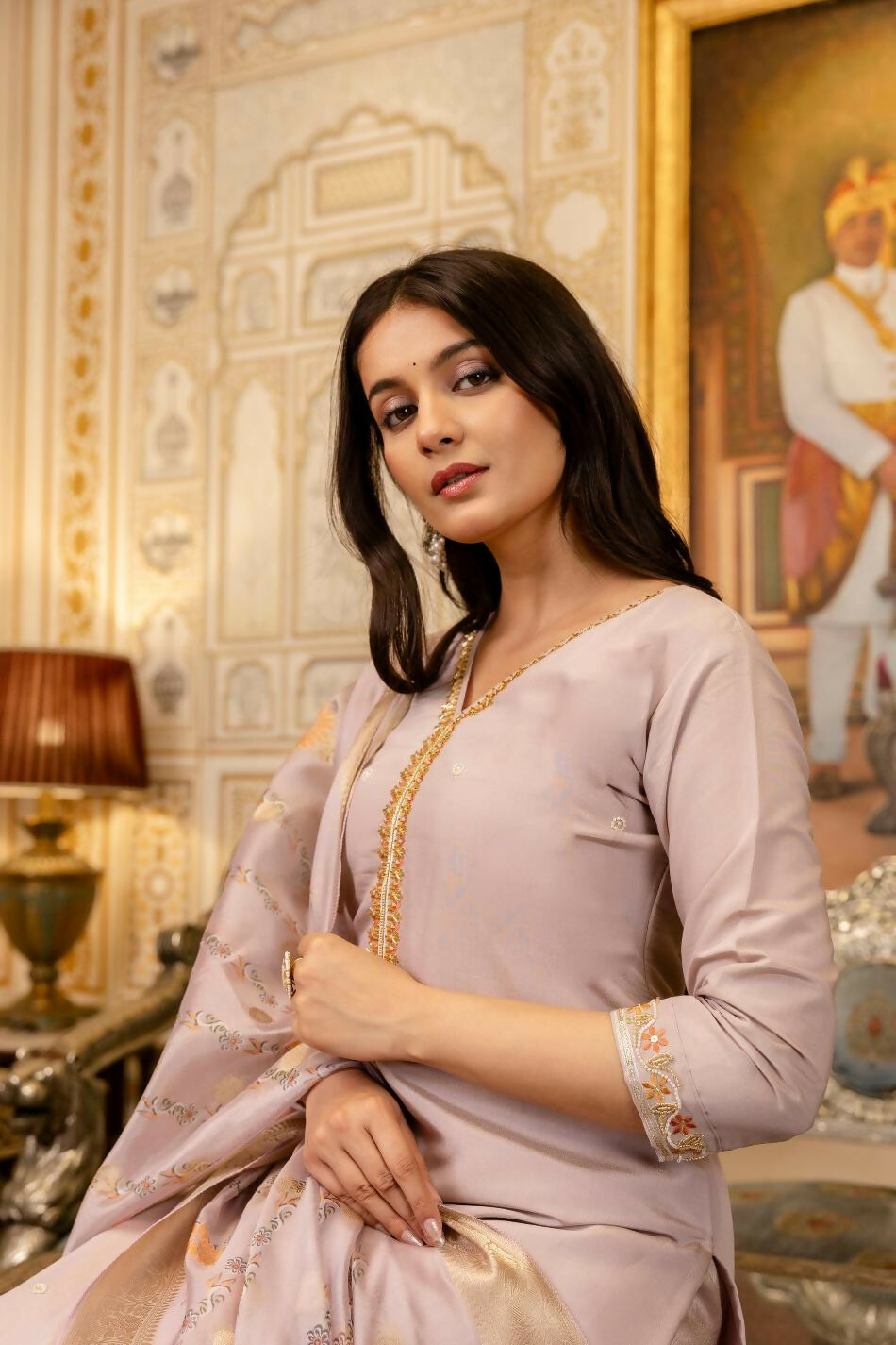 The52 Lavender Women's Beautiful Viscose Shimmer Fabric Embroidered Work Straight Kurta Pant and Dupatta Set - Distacart