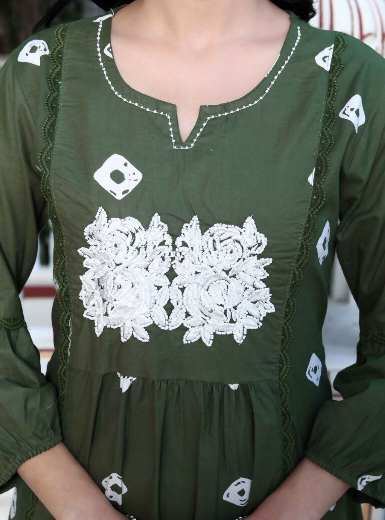 Miravan Women's Moti And Chikan Embroidered Bandhani Printed A-Line Mehandi Kurta Palazzo Set
