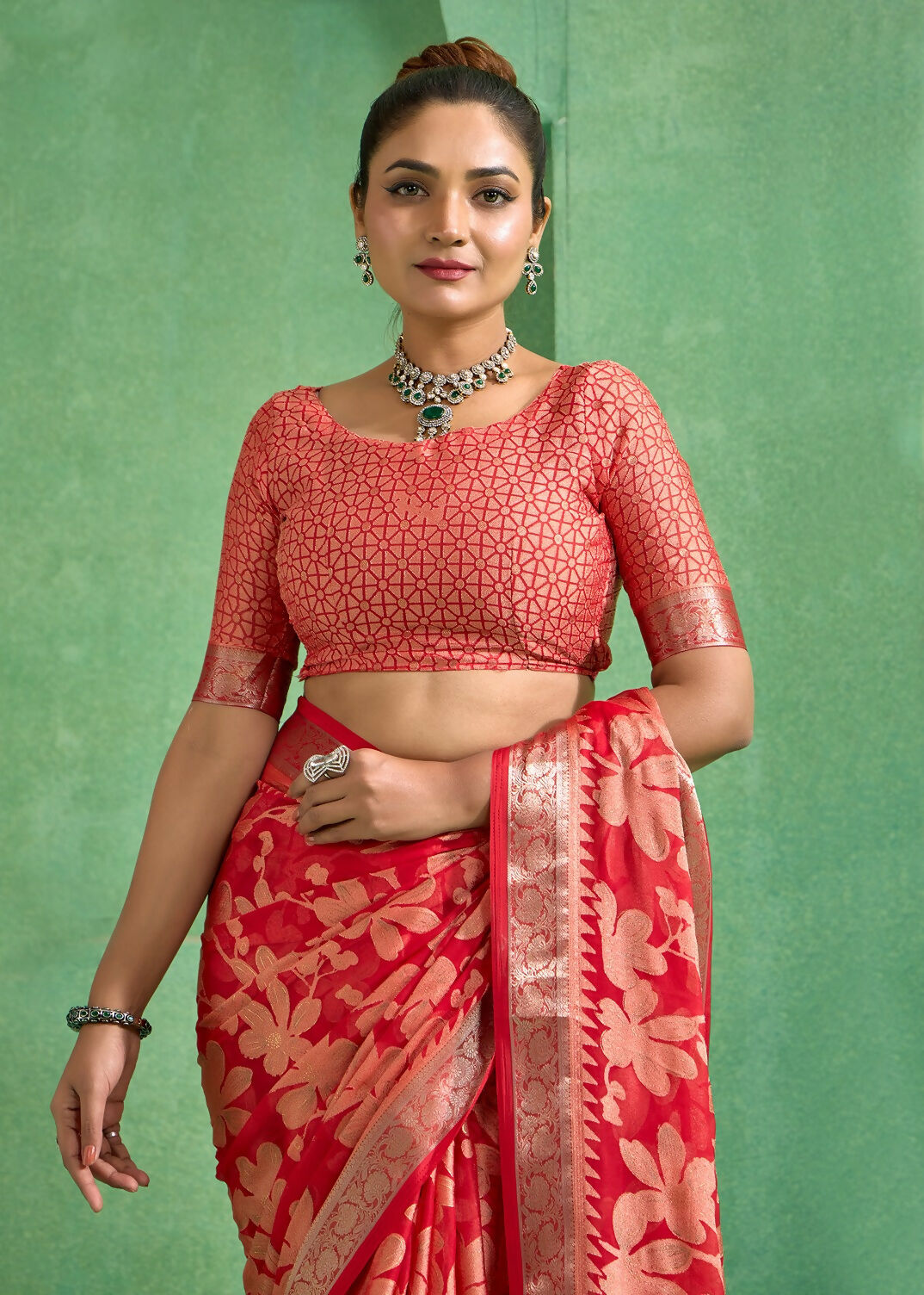 Joban Fashion Redbull Moss Brasso With Kasab Zari Border Saree & Tassels With Brasso Blouse - Distacart