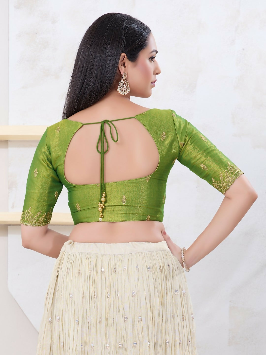 Joban Fashion Green Shimmer Elbow Sleeveless Front Open Blouse