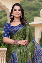 Prime Volt Women's Green & Blue Printed Mal Cotton Saree with Designer Blouse Piece - Distacart