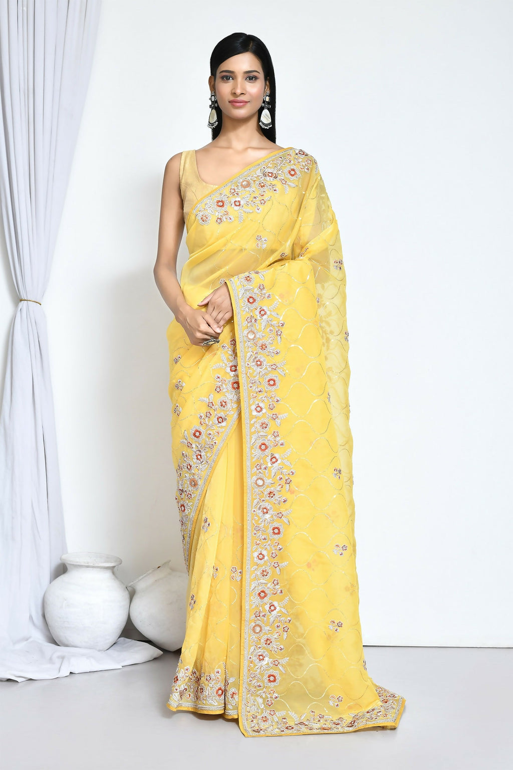 Yellow Organza Satin Silk Sequence Embroidered with Stone work Saree - Nimaya Benzy