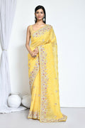 Yellow Organza Satin Silk Sequence Embroidered with Stone work Saree - Nimaya Benzy