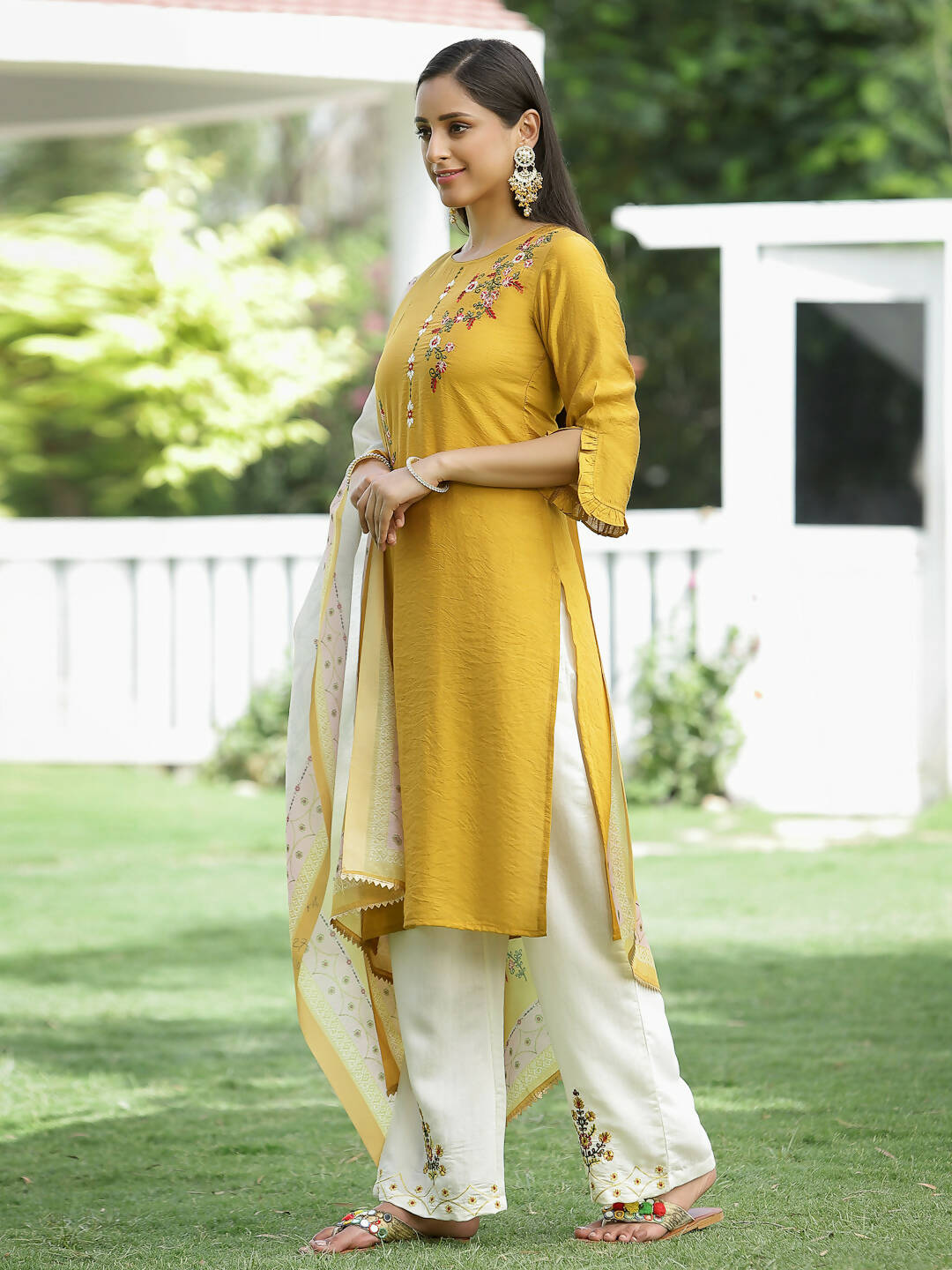 Juniper Mustard Mono Viscose Festive Wear Embroidered Straight Kurta Palazzo Dupatta Set - Distacart