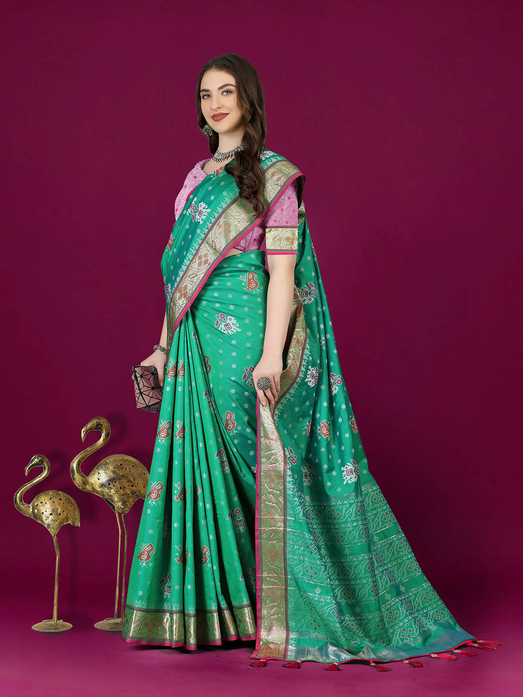 Lorenvalley Fashion Teal Patola Silk Woven Design Zari Meenakari Weaving Saree