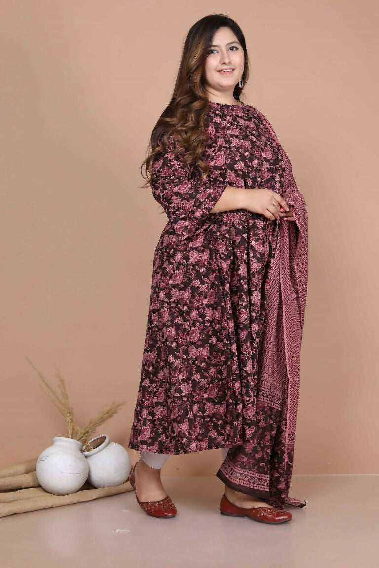 Miravan Women's Plus Size Stunning Maroon Bell Sleeve Floral Printed Anarkali Kurta Dupatta
