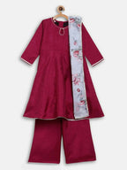 Ahalyaa Wine Poly Silk Curved Kids Kurta Palazzo Set With Bottom For Girls