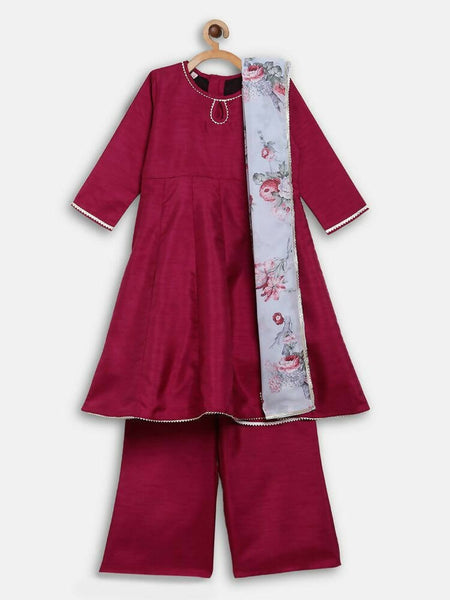 Ahalyaa Wine Poly Silk Curved Kids Kurta Palazzo Set With Bottom For Girls