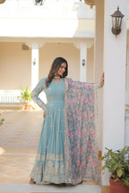Jyoti Fashion Women's Sky Blue Faux Georgette Sequins Zari Embroideredy Anarkali Dress with Dupatta