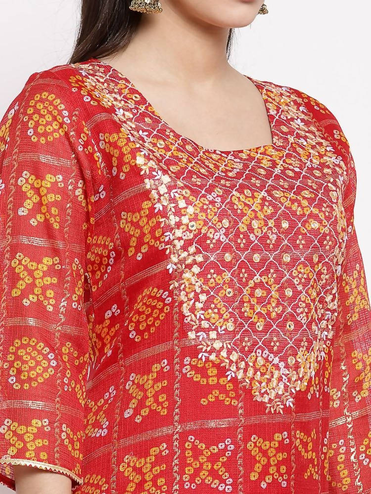 Myshka Women's Red Cotton Printed 3/4 Sleeve Square Neck Casual Kurta