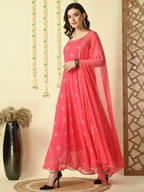 Myshka Women's Pink Georgette Sleeveless Flayered Party Kurta With Dupatta Set