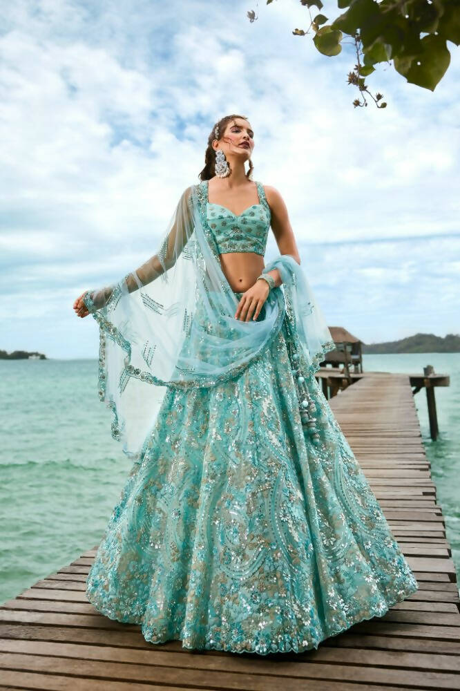 House of Panchhi Turquoise Blue Net Sequins And Zarkan Embroidery Lehenga Choli & Dupatta