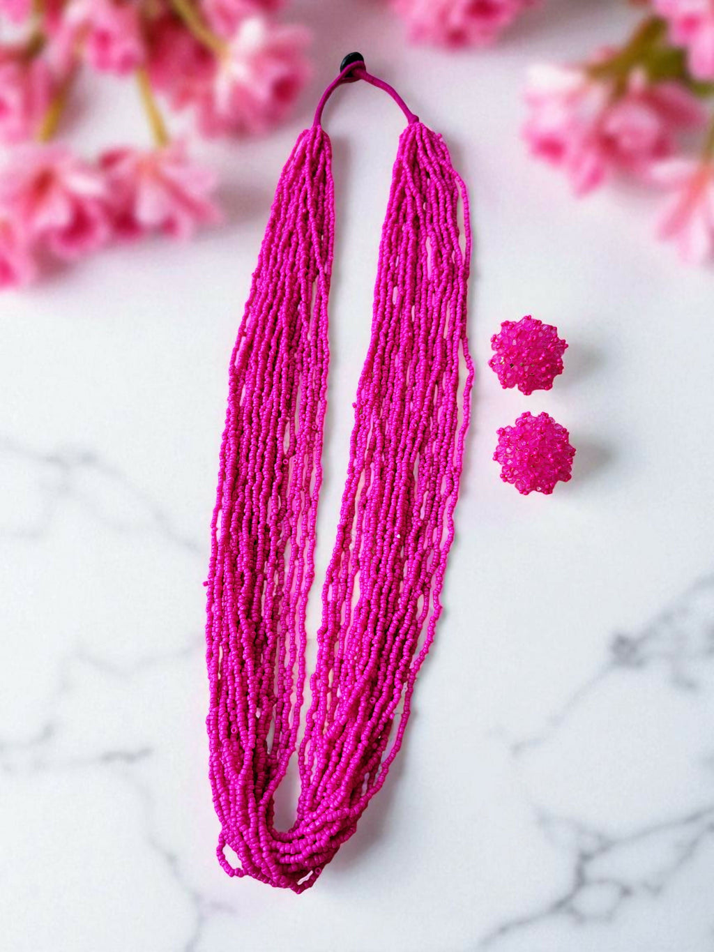 Inhanns Rangsaaz 20-Layer Luxe Long Beaded Necklace (With Optional Statement Earrings) - Pink With Earring
