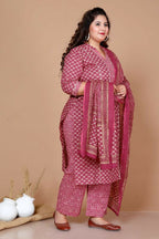 Miravan Women Plus Size Pink Straight Floral Printed Kurta & Palazzo With Dupatta - Distacart