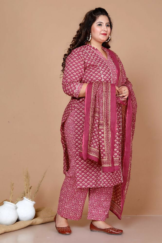 Miravan Women Plus Size Pink Straight Floral Printed Kurta & Palazzo With Dupatta - Distacart