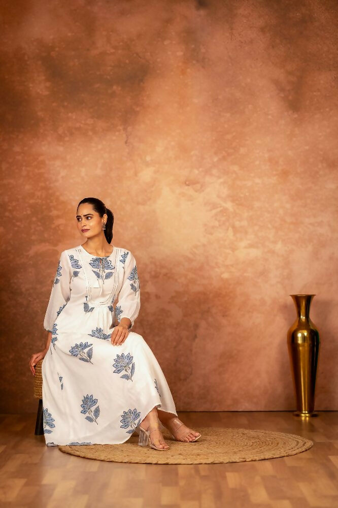 Joban Fashion Blue Floral Hand Block Printed Cotton Kurta Pant Set - Distacart