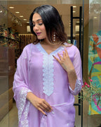 The52 Lavender Women's Gorgeous Embroidered Georgette Fabric Straight Kurta Pant with Dupatta Set - Distacart