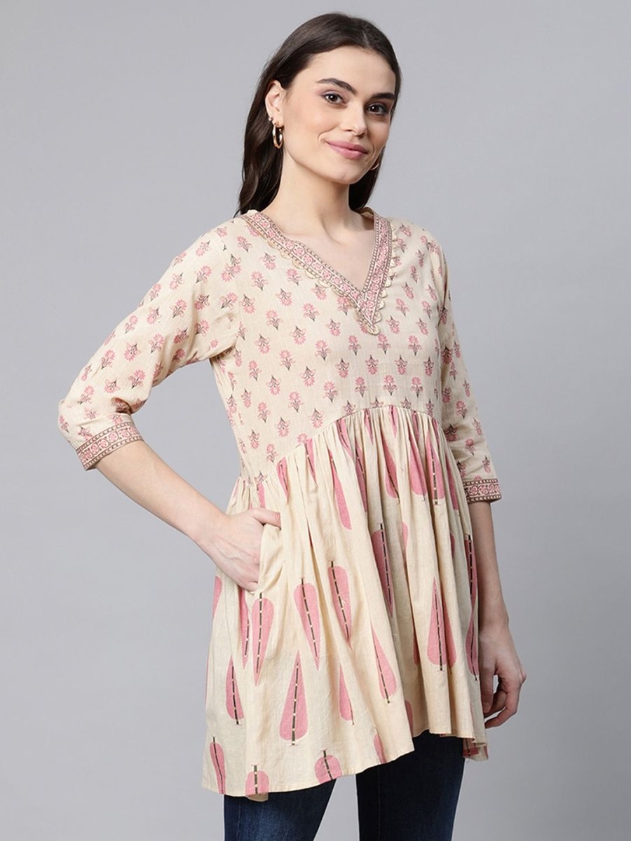 Ahalyaa Women Beige Pure Cotton Printed Tunic - Distacart