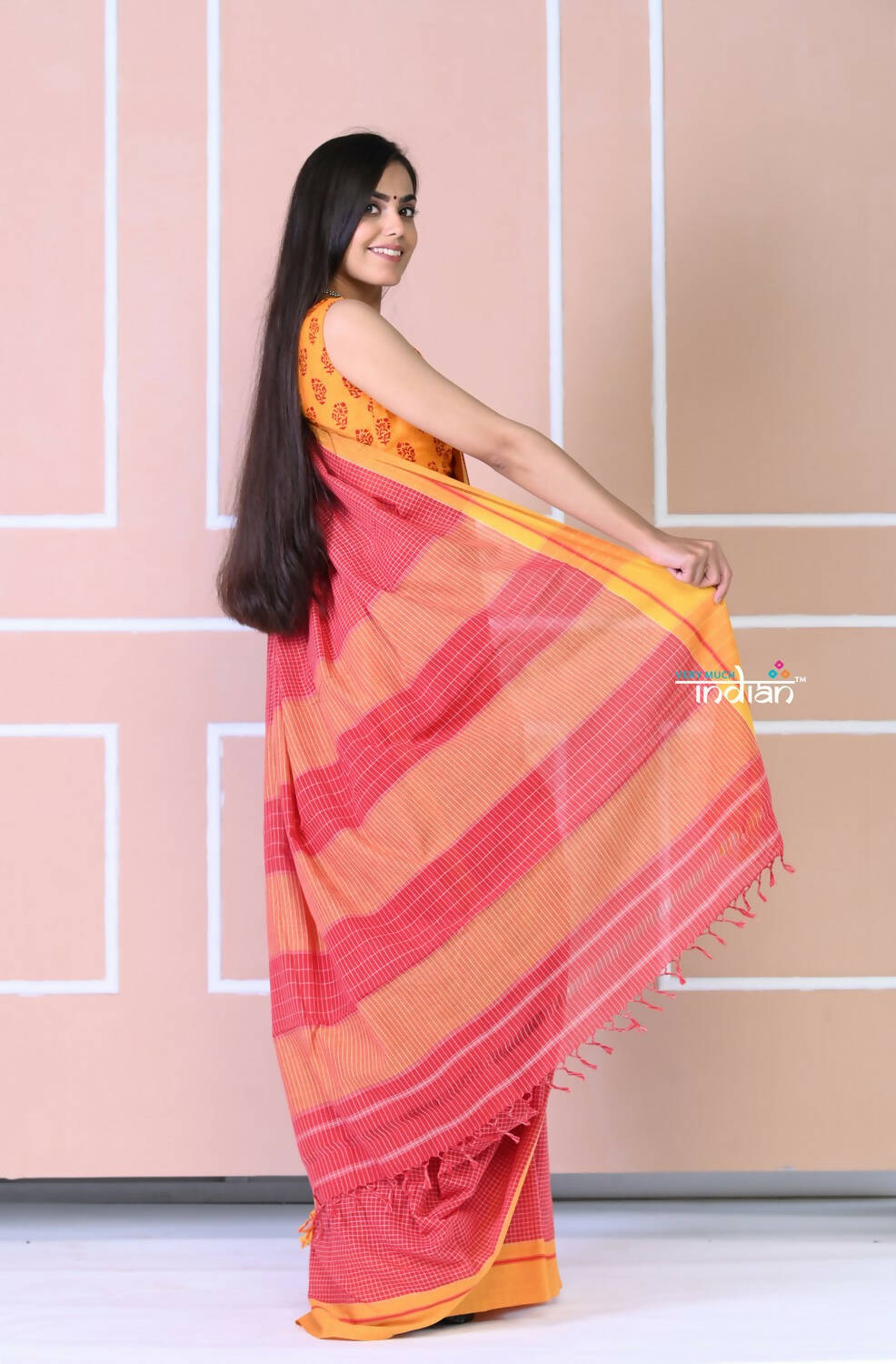 Very Much Indian Traditional Patteda Anchu Ilkal Handloom Saree-Disperse Orange - Distacart
