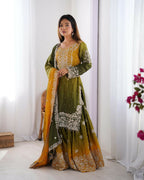 The52 Women's Beautiful Chinon silk Fabric Embroidery Work Straight Kurta Palazzo and Dupatta Set - Distacart