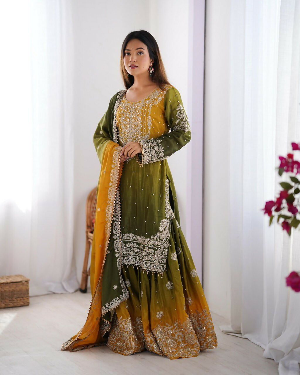 The52 Women's Beautiful Chinon silk Fabric Embroidery Work Straight Kurta Palazzo and Dupatta Set - Distacart