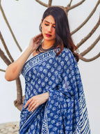 Zibaa Hand-Blocked Pure Mul Cotton Indigo Saree - Distacart
