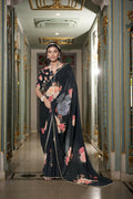 Vastranavya Black Spectacular Georgette Printed with Pearl Lace Saree with Unstitched Blouse - Distacart