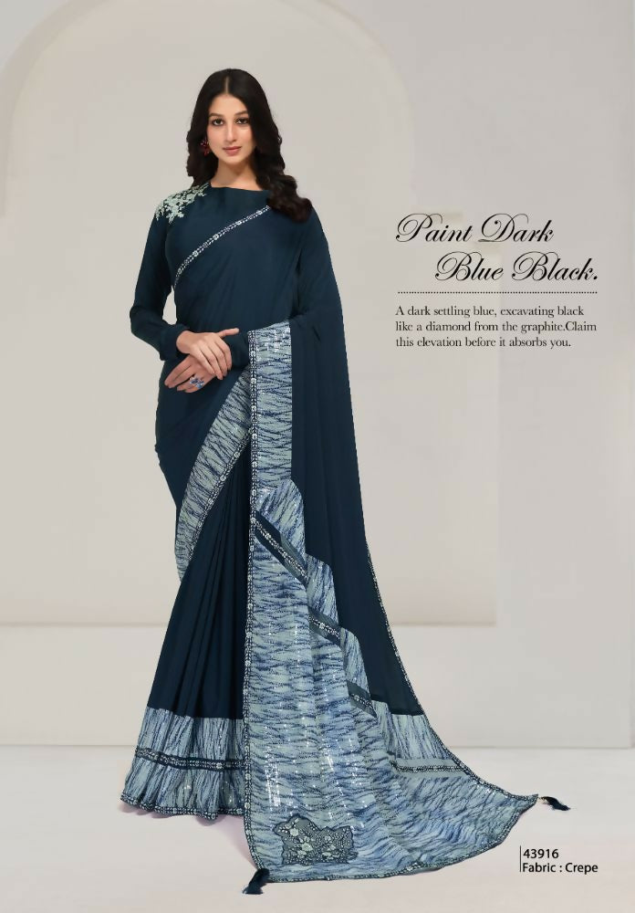 Teal Crepe Sequence Embroidered Saree with Unstitched Blouse - Norita Saanjh