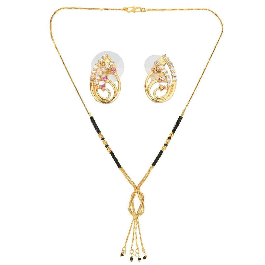 AanyaCentric Gold-Polished Short Mangalsutra Set with Earrings