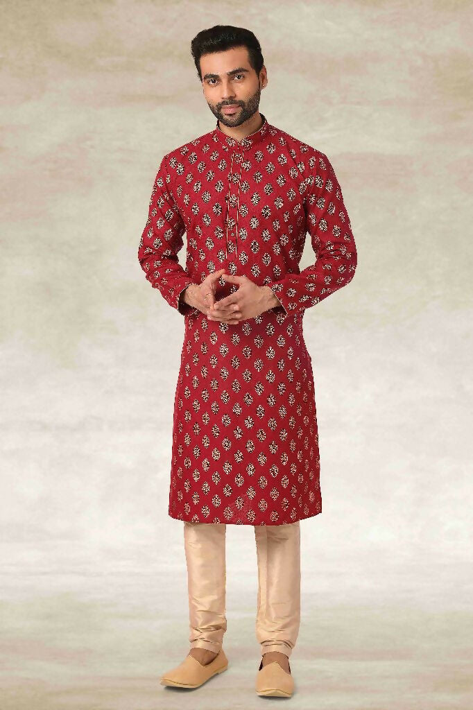 Raivat Ethnic Cotton Printed Work Kurta Pajama In Maroon Colour