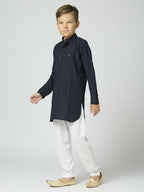 Joban Fashion Kids Island Full Sleeves Texture Cotton Kurta and Pyjama Set - Navy Blue