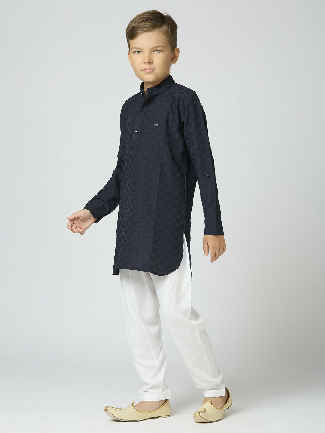 Joban Fashion Kids Island Full Sleeves Texture Cotton Kurta and Pyjama Set - Navy Blue