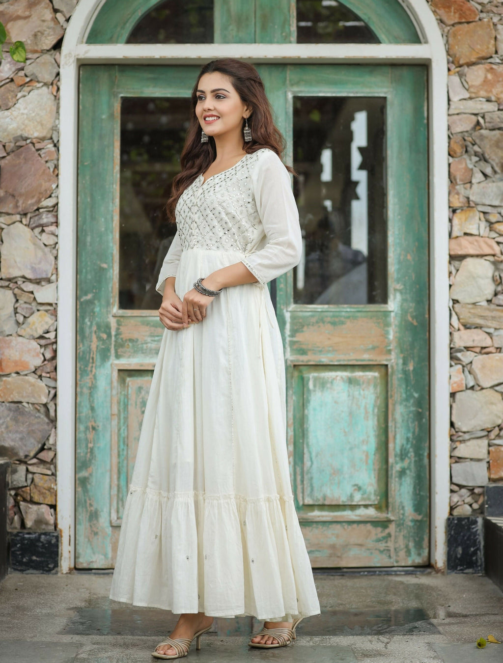 Kaajh Women's Off-White Floral Embroidered Cotton Ethnic Dress - Distacart