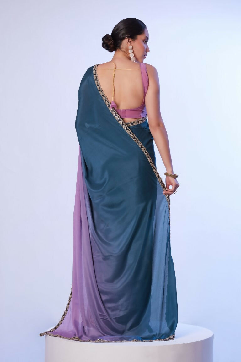 Teal Blue Chinon Solid Designer & Lace Work Saree - Samaa