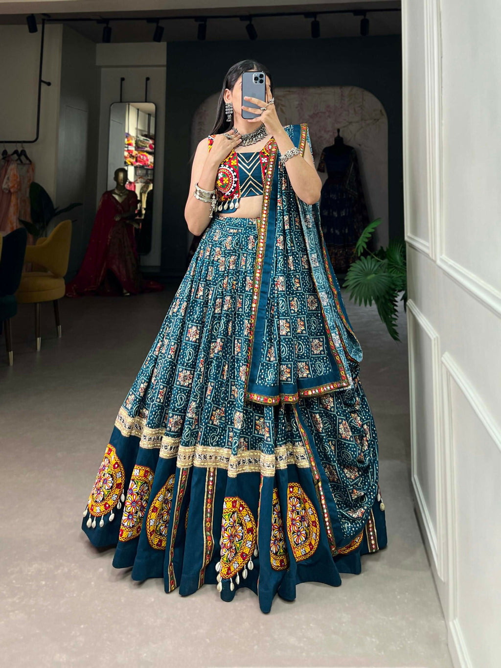 Vastranavya Navaratri Special Pure Rayon Printed With Foil Work And Gamthi Patch Work With Lace Touch Up Lehenga with Stitched Blouse - Teal