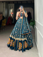 Vastranavya Navaratri Special Pure Rayon Printed With Foil Work And Gamthi Patch Work With Lace Touch Up Lehenga with Stitched Blouse - Teal