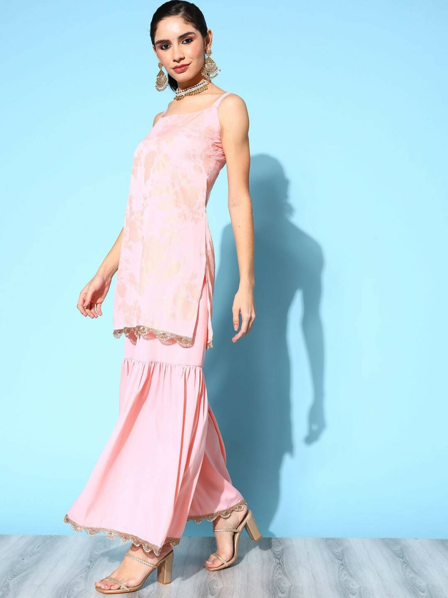 Ahalyaa Women's Baby Pink Crepe Gold Smoke Printed Kurta Sharara Set With Dupatta - Distacart